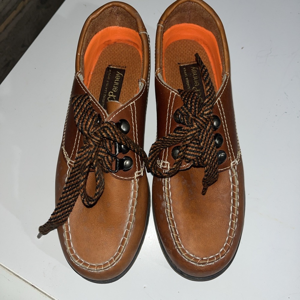 Old Stock JCPenney Leather Vintage Kids Shoes Toddler Brown Oxfords 3.5 D
